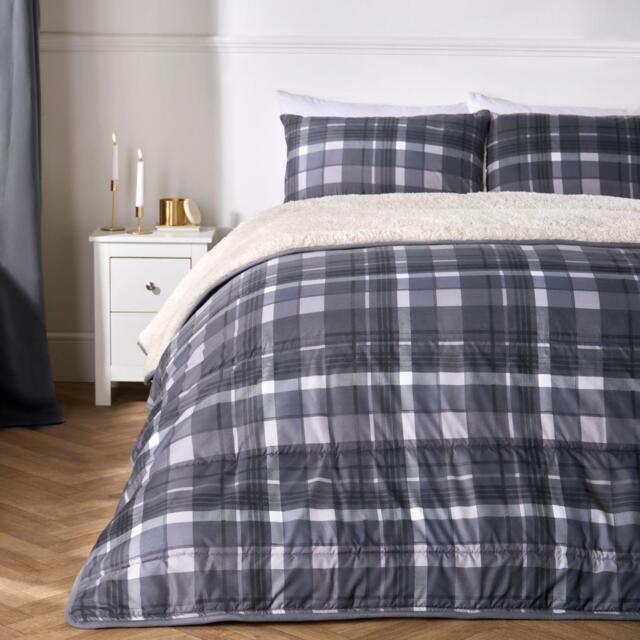 OHS Tartan Check Sherpa Reversible 10.5 Tog Washable Coverless Duvet with Pillowcases Grey Single