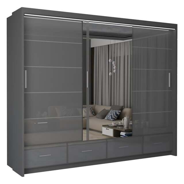Sliding Wardrobes 4U Sleek High Gloss Mirror Sliding Wardrobe with LED and Drawers - 203cm and 255cm Grey Grey 255cm