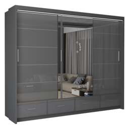 Sliding Wardrobes 4U Sleek High Gloss Mirror Sliding Wardrobe with LED and Drawers - 203cm and 255cm Grey Grey 255cm