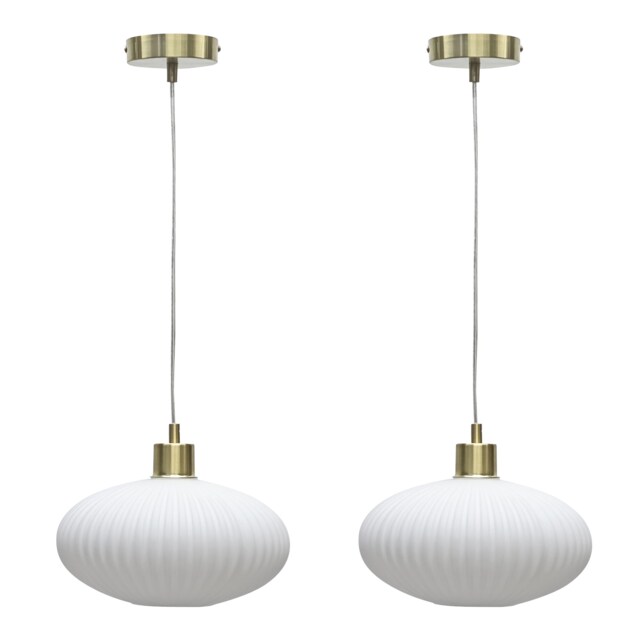 Set of 2 Baton - White Ribbed Oval Glass with Satin Brass Pendants White White ribbed glass with satin brass plate detail Small 2