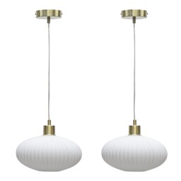 Set of 2 Baton - White Ribbed Oval Glass with Satin Brass Pendants White White ribbed glass with satin brass plate detail Small 2