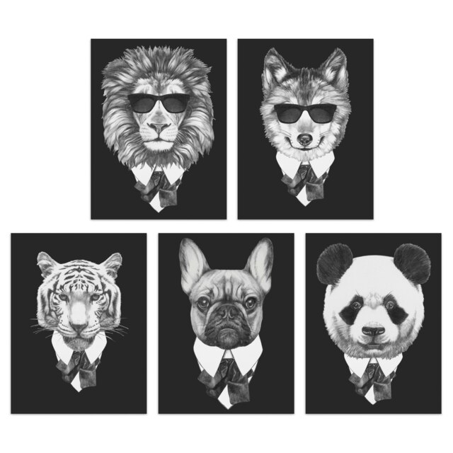 Pack Of 5 Tuxedo Animals Wolf Lion Tiger Panda Bear French Bulldog Wall Art Prints Black & White 12X16 Inch