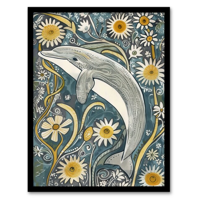 Daisy Wildflowers Quirky Dolphin Floral Bathroom Black Framed Wall Art Print A4
