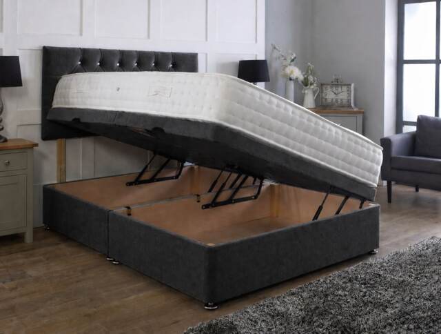 Side Lift 4ft Small Double Grey Plush Ottoman Bed With Headboard and Mattress