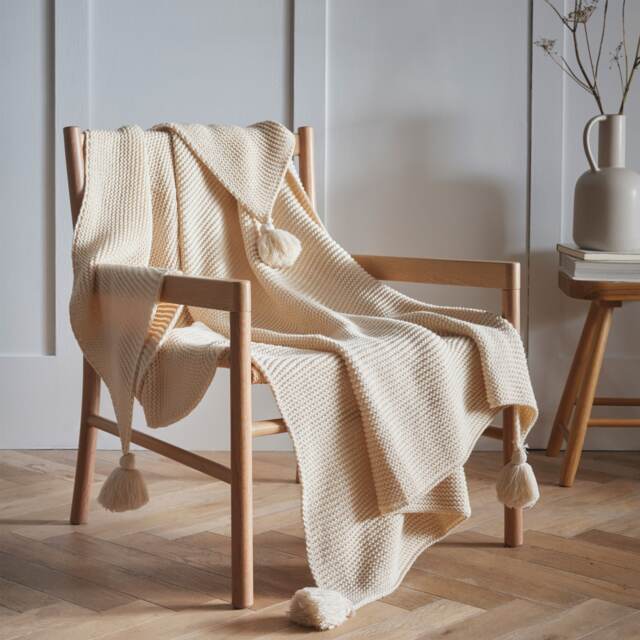 Copenhagen Natural Knitted Tassels Throwover Bed Throw Blanket 127 x 152cm Cream