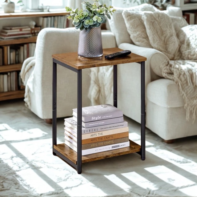2 Tier Side End Table With Steel Frame Black