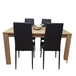 Dining Table and 4 Chairs Oak Effect Wood 4 Black Faux Leather Chairs Dining Room