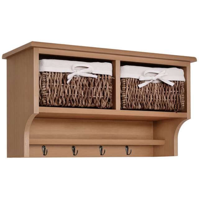 HOMCOM Entryway Coat Rack Wall Mounted Shelf Hooks 2 Baskets Brown