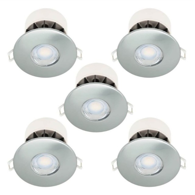 Set of 5 Fire Rated Brushed Steel LED Bathroom Recessed Downlights Chrome Brushed steel plate Large 5