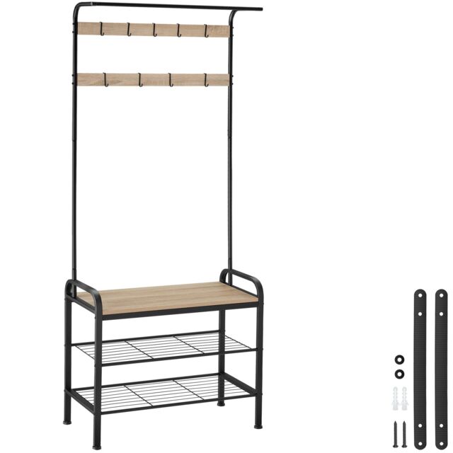 Coat Stand - shoe rack, seat, 2 shelves and 9 coat hooks Brown industrial wood light, oak Sonoma One Size 1