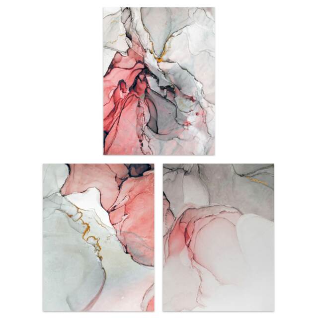 Set of 3 Abstract Coral Grey Stone Marble Bedroom Bathroom Calm Pink Wall Art Print A4