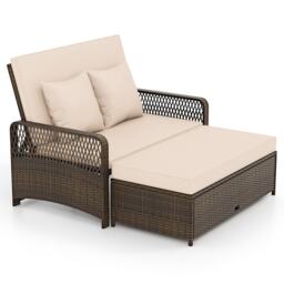 COSTWAY Patio Rattan Daybed 2-Piece Outdoor Wicker Loveseat Sofa Furniture