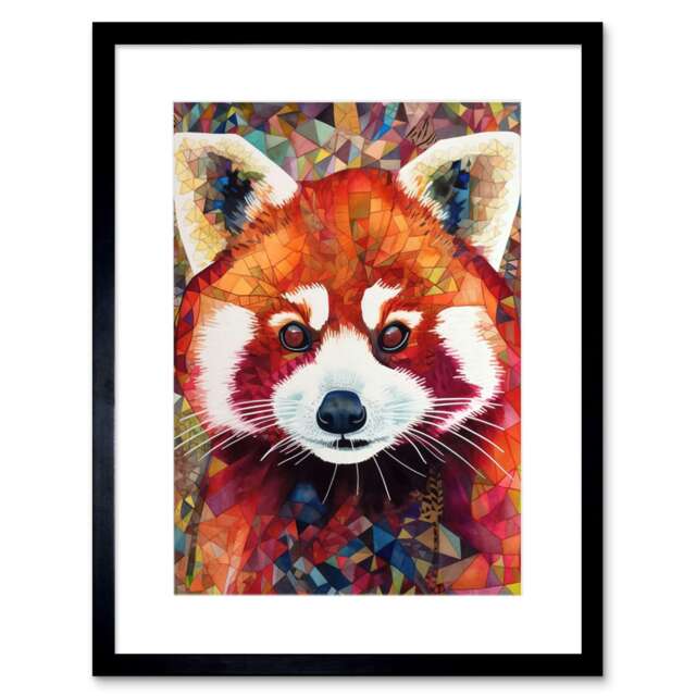 "Red Panda Portrait Mosaic Folk Art 9x7"" Black Framed Wall Art Print"