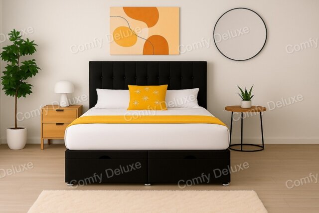Black small single ottoman foot lift plush bed with headboard and mattress