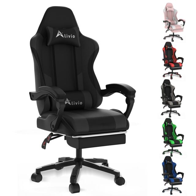 Alivio Ergonomic Gaming Chair with Massage Lumbar Cushion & Retractable Footrest, PU Leather Video Game Chair (Black)