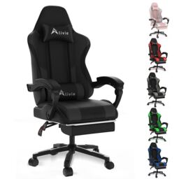 Alivio Ergonomic Gaming Chair with Massage Lumbar Cushion & Retractable Footrest, PU Leather Video Game Chair (Black)