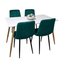 Modern Rectangle White Dining Table Set With 4 Green Velvet Chairs Dining Room Furniture