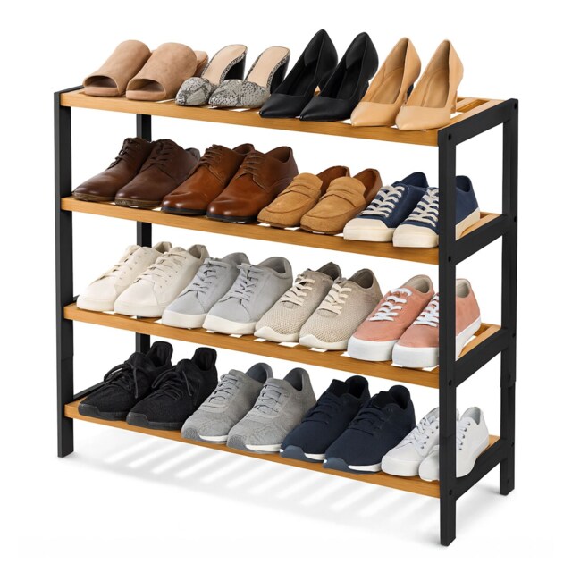 Neo Black / Natural 4-Tier Bamboo Shoe Rack Wooden Shoe Storage Organiser Shelf for Hallway, Entrance Living Room Black Black And Wood
