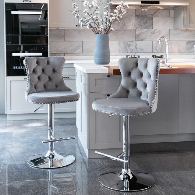 Set of 2 Modern Velvet Bar Stools with Swivel Chrome Base