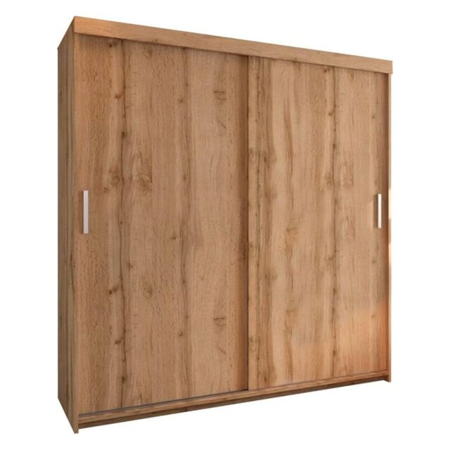 Sliding Wardrobes 4U Modern Oak Sliding Door Wardrobe – 203cm Wide with 8 Shelves & 4 Hanging Rails Brown Oak 203cm