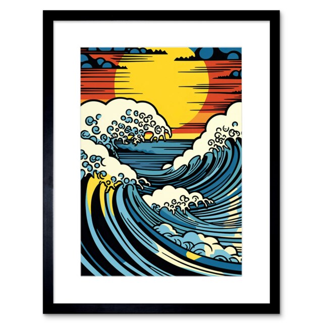 "Great Waves Comic Book Style Seascape Sunset Polka Dot 9x7"" Black Framed Wall Art Print"