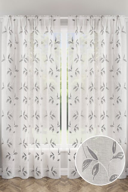 "Oasis Grey Embroidered Leaf Design Voile Panels - Pair 140 x 122cm (55x48"") Grey Grey 2"