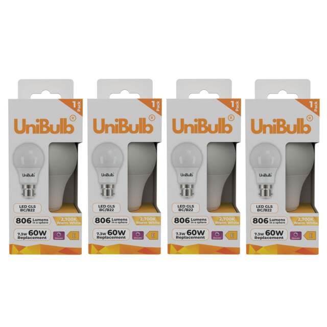 UniBulb LED GLS B22 Bayonet Cap (BC) 806lm 7.3W (Replaces 60W) 2700K (Warm White) Dimmable Light Bulb - Pack of 4