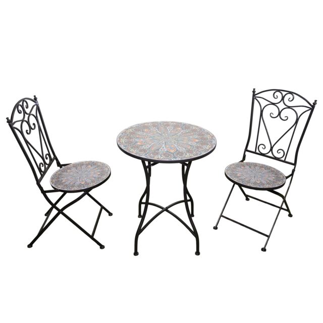 Outdoor Mosaic Bistro Set with Ceramic Table and 2 Folding Chairs for Patio Balcony and Garden Seating