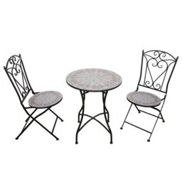 Outdoor Mosaic Bistro Set with Ceramic Table and 2 Folding Chairs for Patio Balcony and Garden Seating