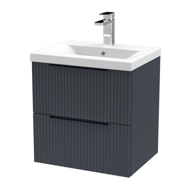 Balterley Contemporary Fluted Front Wall Hung 2-Drawer Bathroom Vanity Unit with 1 Tap Hole Basin, Handles Grey Soft Black