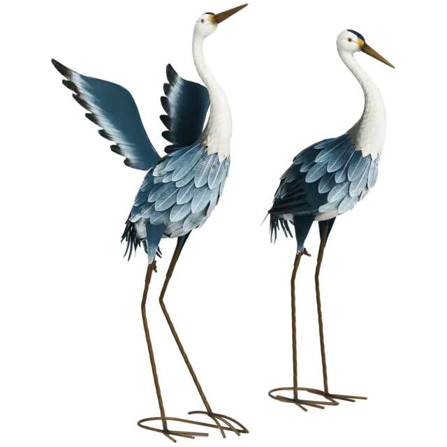 Outsunny Heron Garden Statues, Metal Garden Gift with Stakes, Blue & White Blue Blue and White Large: 31 x 29 x 74 cm Small: 15 x 26 x 70 cm