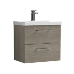 Balterley Wall Hung Bathroom 2 Drawer Vanity Unit and 1 Tap Hole Ceramic Basin, Woodgrain Mid Oak with Handles Brown Solace Oak