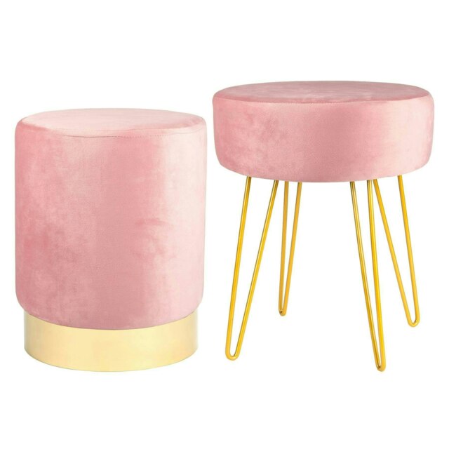 Harbour Housewares 2 Piece Soft Round Velvet Footstool Set with Gold Accents - Pink