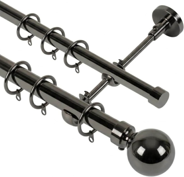 Lister Cartwright Double Curtain Fixed Pole Set with Black Nickle Ball Finials - 19mm and 28mm Metal Poles(300 cm)