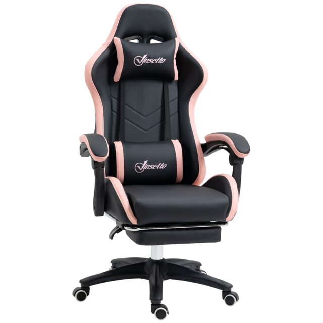 Vinsetto Computer Gaming Chair, PU Leather Office Desk Chair with Footrest, Swivel Wheels, 135 Reclining Back, Lumbar Support, Headrest for Home, Black and Pink Black Black