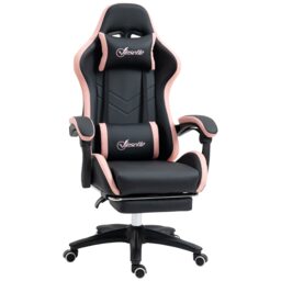 Vinsetto Computer Gaming Chair, PU Leather Office Desk Chair with Footrest, Swivel Wheels, 135 Reclining Back, Lumbar Support, Headrest for Home, Black and Pink Black Black