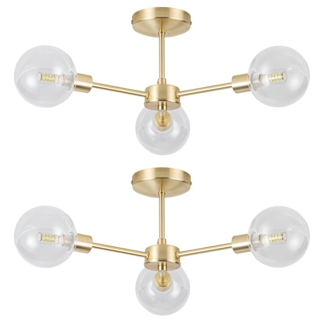 Set of 2 Toner - Satin Brass with Globes 3 Light Flush Ceiling Lights Gold Satin brass plate and clear glass Medium 1