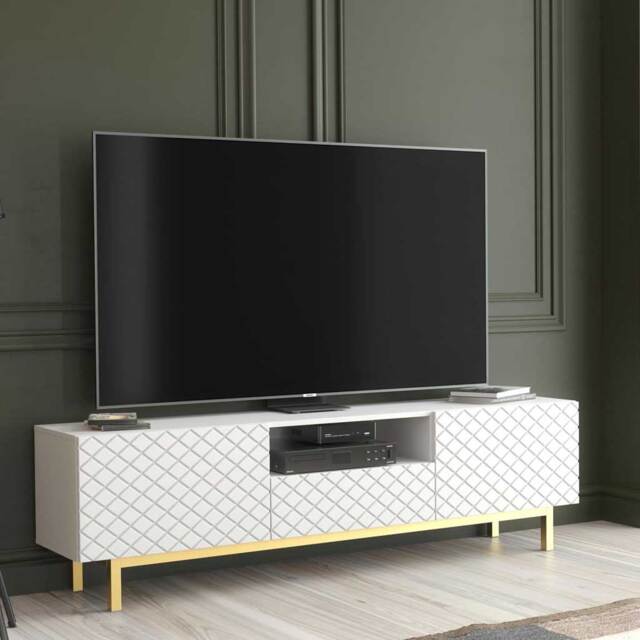 TV Unit Cabinet Sideboard Stand Storage Cabinet White Diamond Pattern Gold Legs 180cm