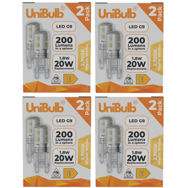 UniBulb LED G9 200lm 1.8W (Replaces 20W) 2700K (Warm White) Capsule Light Bulb - Pack of 8