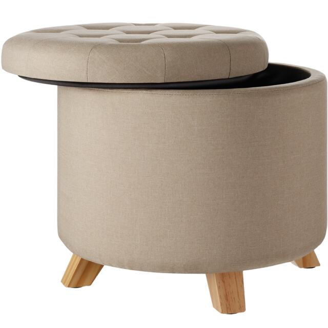 Stool Suna - round, padded, linen look, large storage space Cream sand 44,50 x 44,50 x 41,50 cm 1