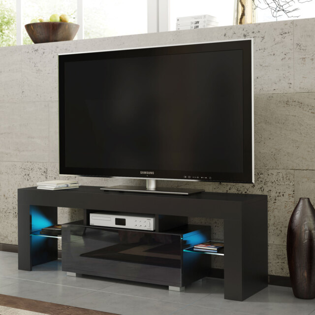 TV Stand TV Unit Cabinet Sideboard Black High Gloss Doors Free LED 130cm