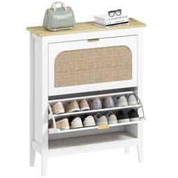 HOMCOM Boho Slim Shoe Cabinet with Rattan Doors, Holds 14 Pairs, White