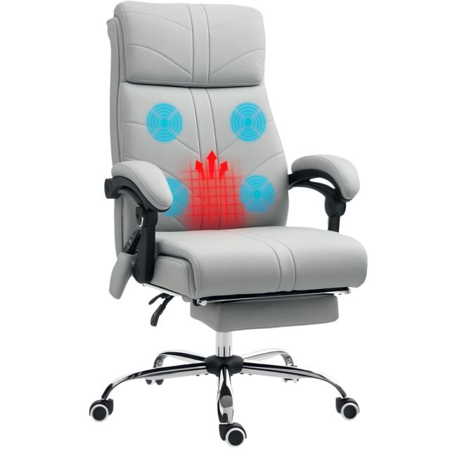 Vinsetto Office Chair with 4-point Vibration Massage and Heat, PU Leather High Back Recliner Desk Chair with Adjustable Height, Armrest, Footrest, Swivel Computer Chair for Home, Light Grey