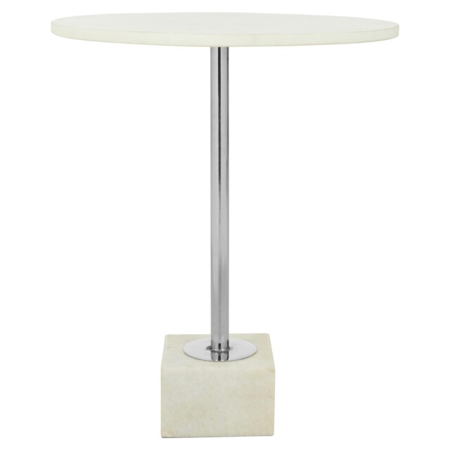 Interiors by Premier White Marble Side Table For Hallway, Nickle Finish Bedside Table With Cube-shaped Base, Round Nesting Table White