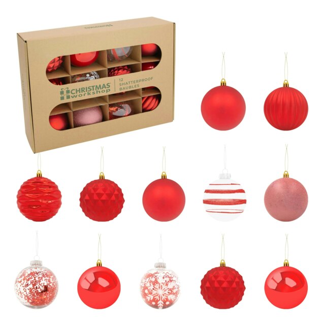 12PK Shatterproof Large Baubles -Red