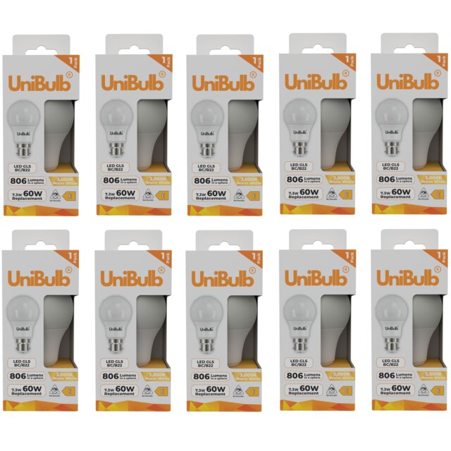 UniBulb LED GLS B22 Bayonet Cap (BC) 806lm 7.3W (Replaces 60W) 3000K (Warm White) Light Bulb - Pack of 10