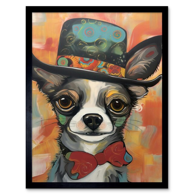 Chihuahua Dog Top Hat and Bowtie Modern Folk Art Framed Wall Art Print