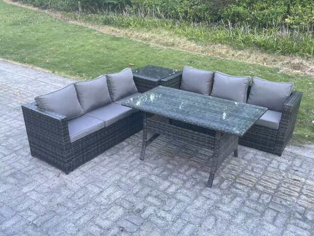Fimous PE Wicker Outdoor Garden Furniture Set Patio Rattan Rectangular Dining Table Lounge Sofa with Side Table 6 Seater Dark Grey Mixed