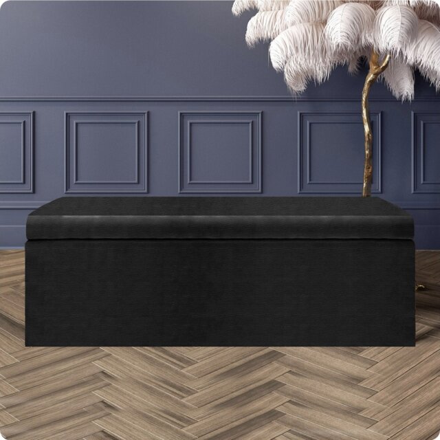 90cm Large Plain Safar Storage Ottoman Box, Black Naples Upholstered Deep Storage Ottoman End of Bed Bench