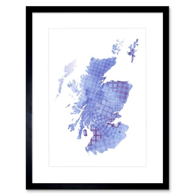 "Scotland Blue Scottish Tartan Map Design 9x7"" Black Framed Wall Art Print"